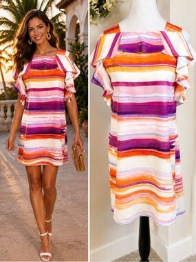 Amanda Uprichard Watercolor Stripe Ruffle Shoulder Sheath Dress Petite Small💛